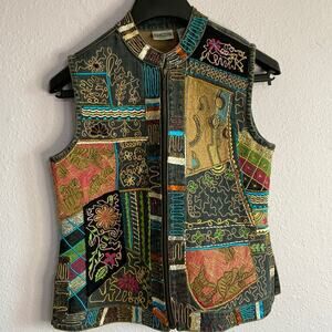 Chico Women Embroidered Embellished Denim Vest Size 0